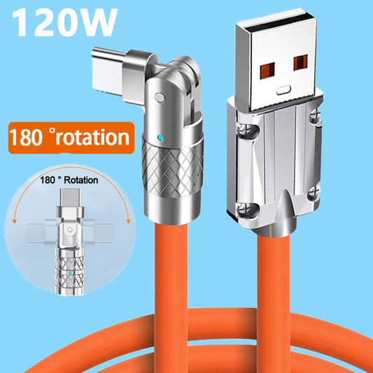 180° Rotating USB to Type C Cable - 120W Super Fast Charging & High-Speed Data Transfer for iPhone & Samsung